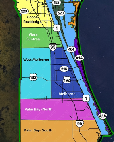 Map of the Brevard County service area, from Cocoa and Rockledge south to Palm Bay